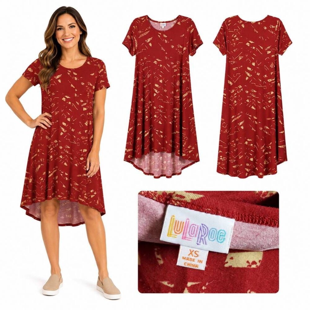 LuLaRoe XS Carly Swing Dress Red Yellow Abstract Print Short Sleeve High-Low Hem